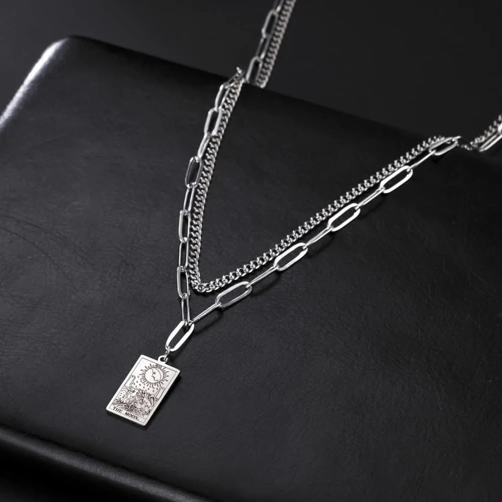 TEAMER Double Layer Necklace Vintage Tarot Jewelry Good Luck Amulet Pendants Stainless Steel Necklace