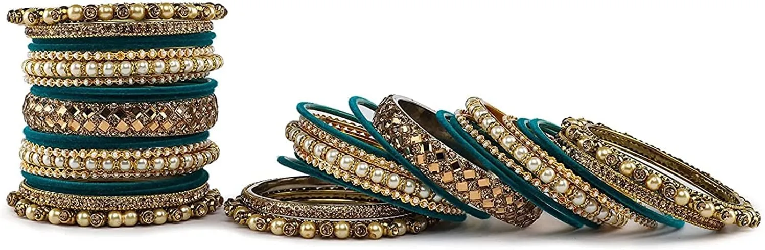 Traditional Heavy Rich Pearl stone work Antique stylish Festival Wear Bridal Bangles set (pack of 38) (Dark Green)