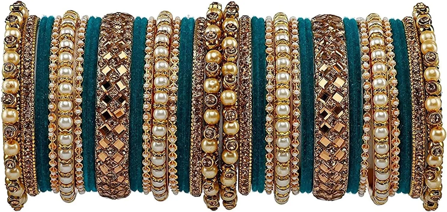 Traditional Heavy Rich Pearl stone work Antique stylish Festival Wear Bridal Bangles set (pack of 38) (Dark Green)