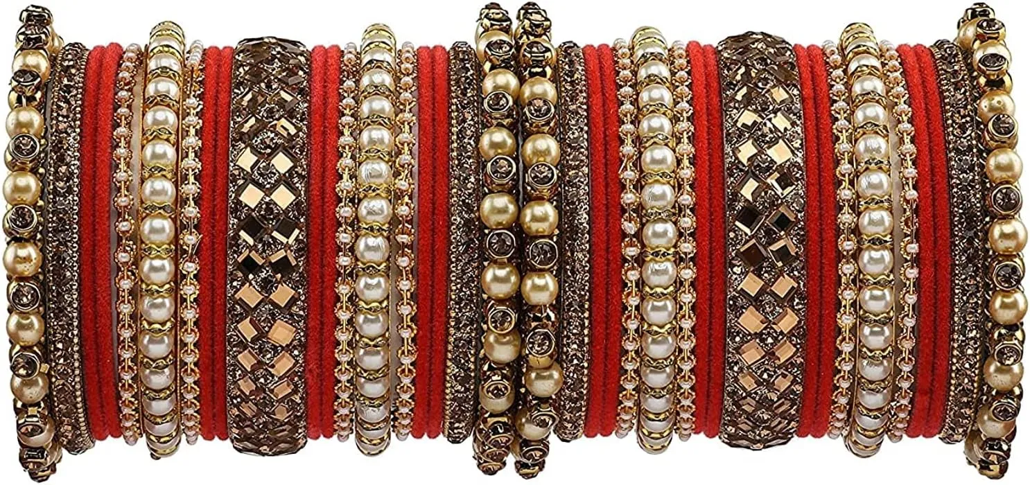 Traditional Heavy Rich Pearl stone work Antique stylish Festival Wear Bridal Bangles set (pack of 38) (Gajri)