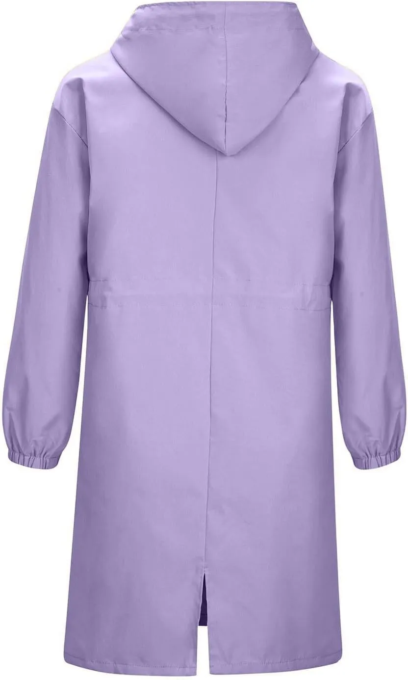 Trench Coats for Women Plus Size Hooded Button Rain Jacket Lightweight Long Windbreaker Outdoor Travel Hiking Overcoat