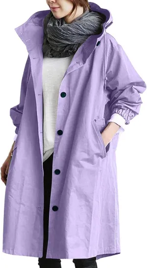 Trench Coats for Women Plus Size Hooded Button Rain Jacket Lightweight Long Windbreaker Outdoor Travel Hiking Overcoat