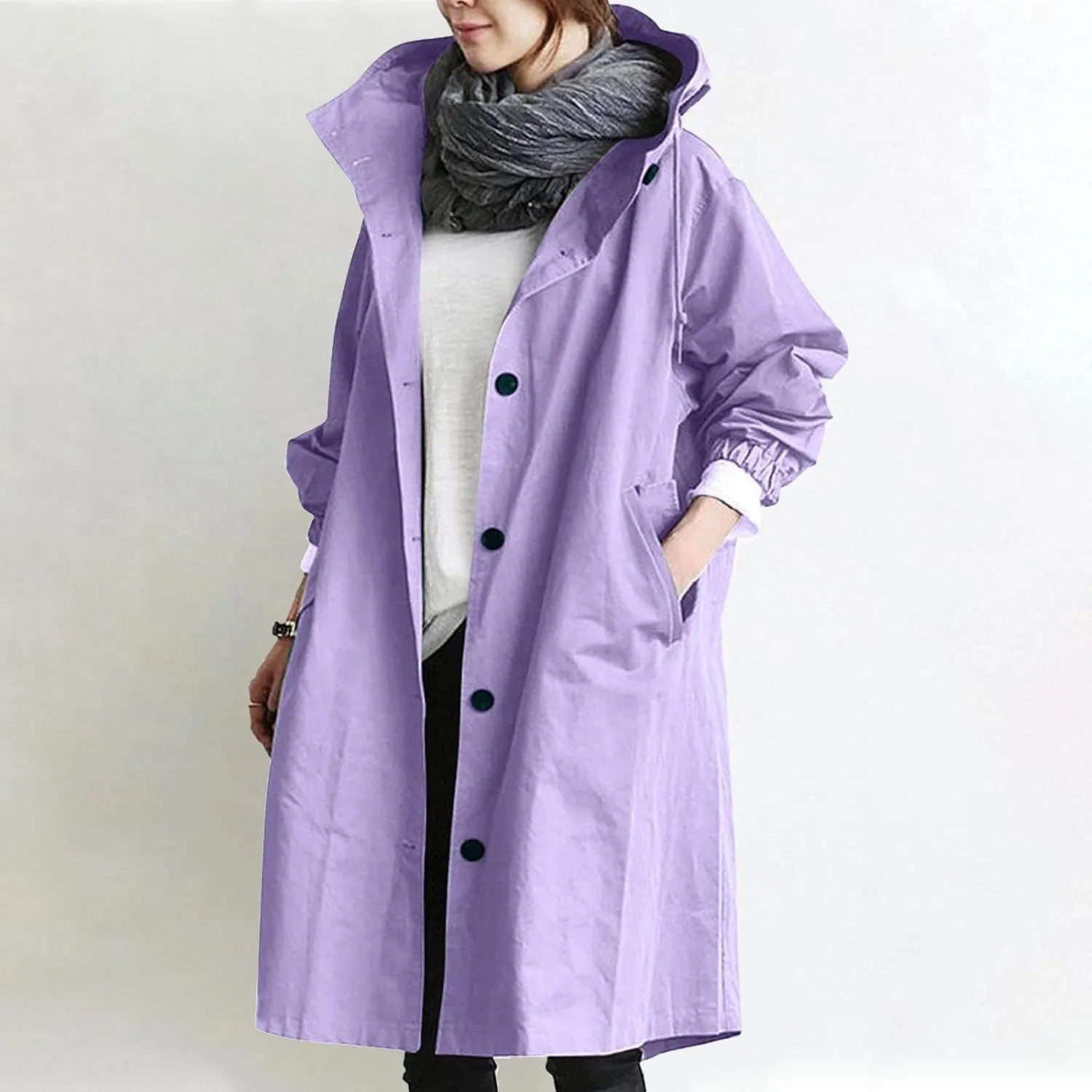 Trench Coats for Women Plus Size Hooded Button Rain Jacket Lightweight Long Windbreaker Outdoor Travel Hiking Overcoat