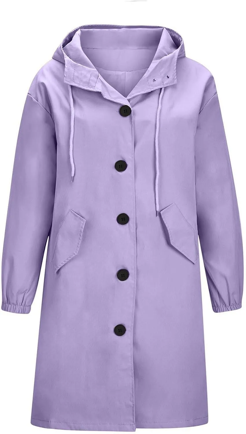 Trench Coats for Women Plus Size Hooded Button Rain Jacket Lightweight Long Windbreaker Outdoor Travel Hiking Overcoat