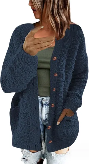 Trendy Sherpa Jacket for Women Casual Plus Size Plush Sweater Coat with Pockets Button Cardigan Coats