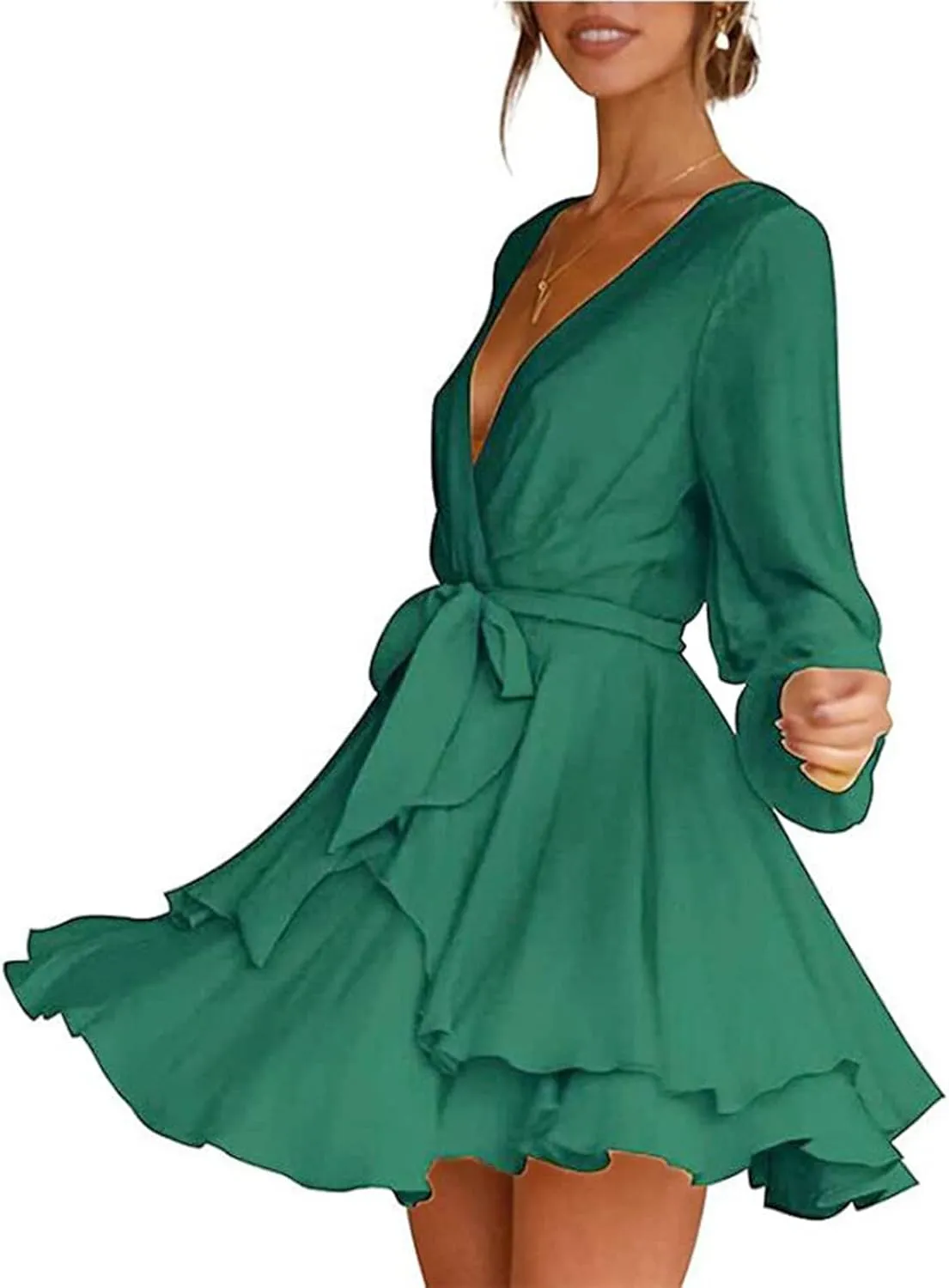 tuduoms Summer Womens Dress Irregular Hem Peplum Dresses Deep V-neck Long Sleeve Waist Tie Ruffle Mini Swing Skater Dresses
