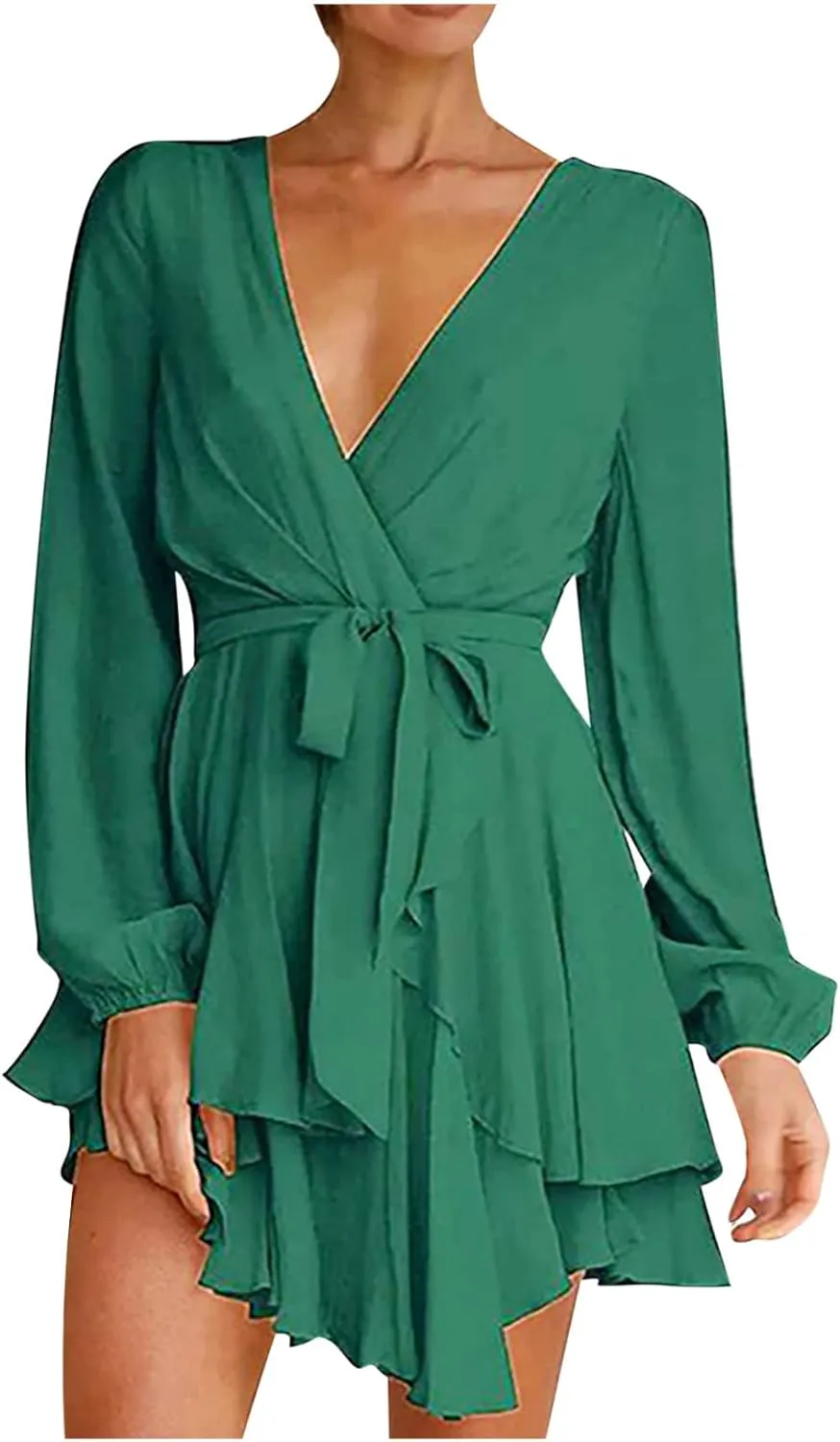 tuduoms Summer Womens Dress Irregular Hem Peplum Dresses Deep V-neck Long Sleeve Waist Tie Ruffle Mini Swing Skater Dresses