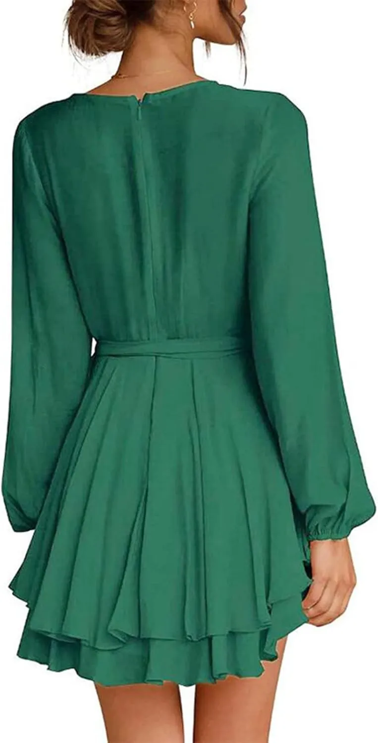 tuduoms Summer Womens Dress Irregular Hem Peplum Dresses Deep V-neck Long Sleeve Waist Tie Ruffle Mini Swing Skater Dresses