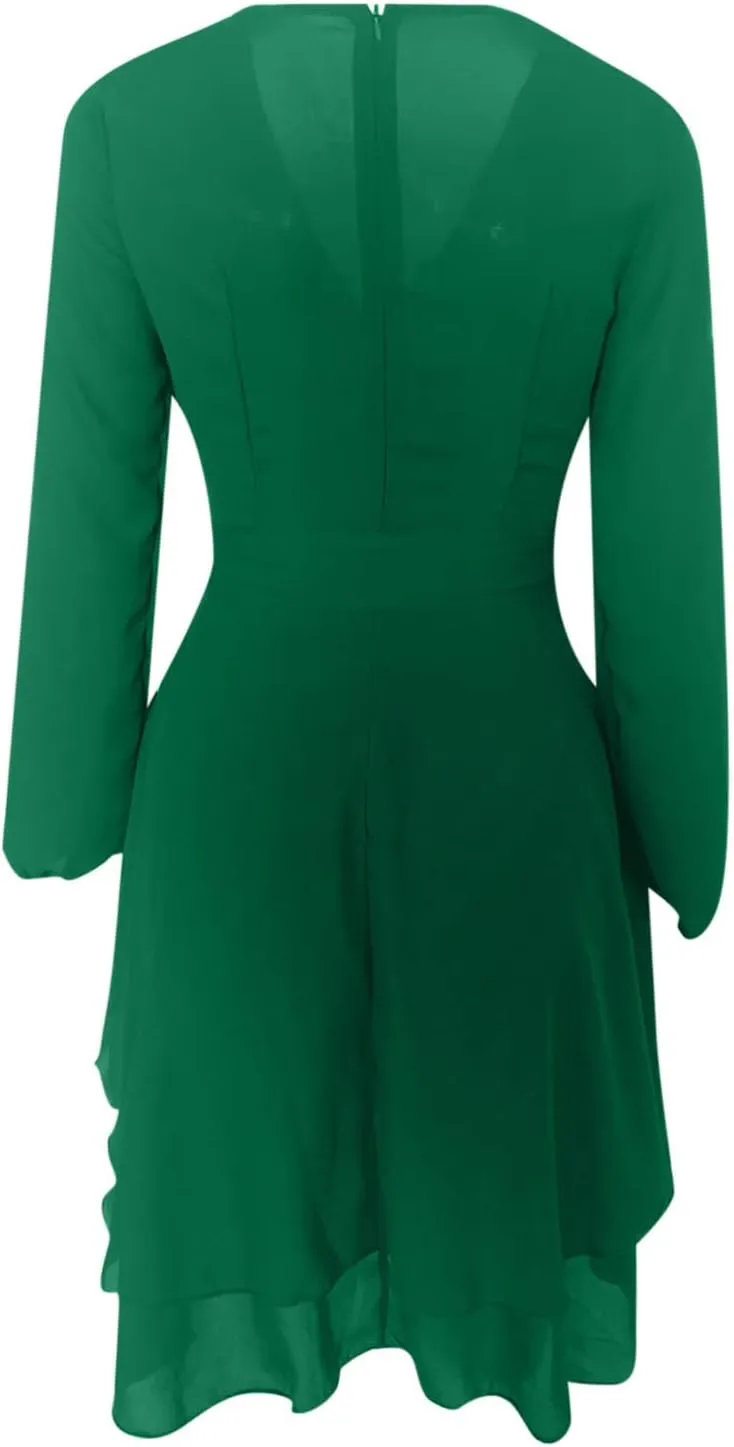 tuduoms Summer Womens Dress Irregular Hem Peplum Dresses Deep V-neck Long Sleeve Waist Tie Ruffle Mini Swing Skater Dresses