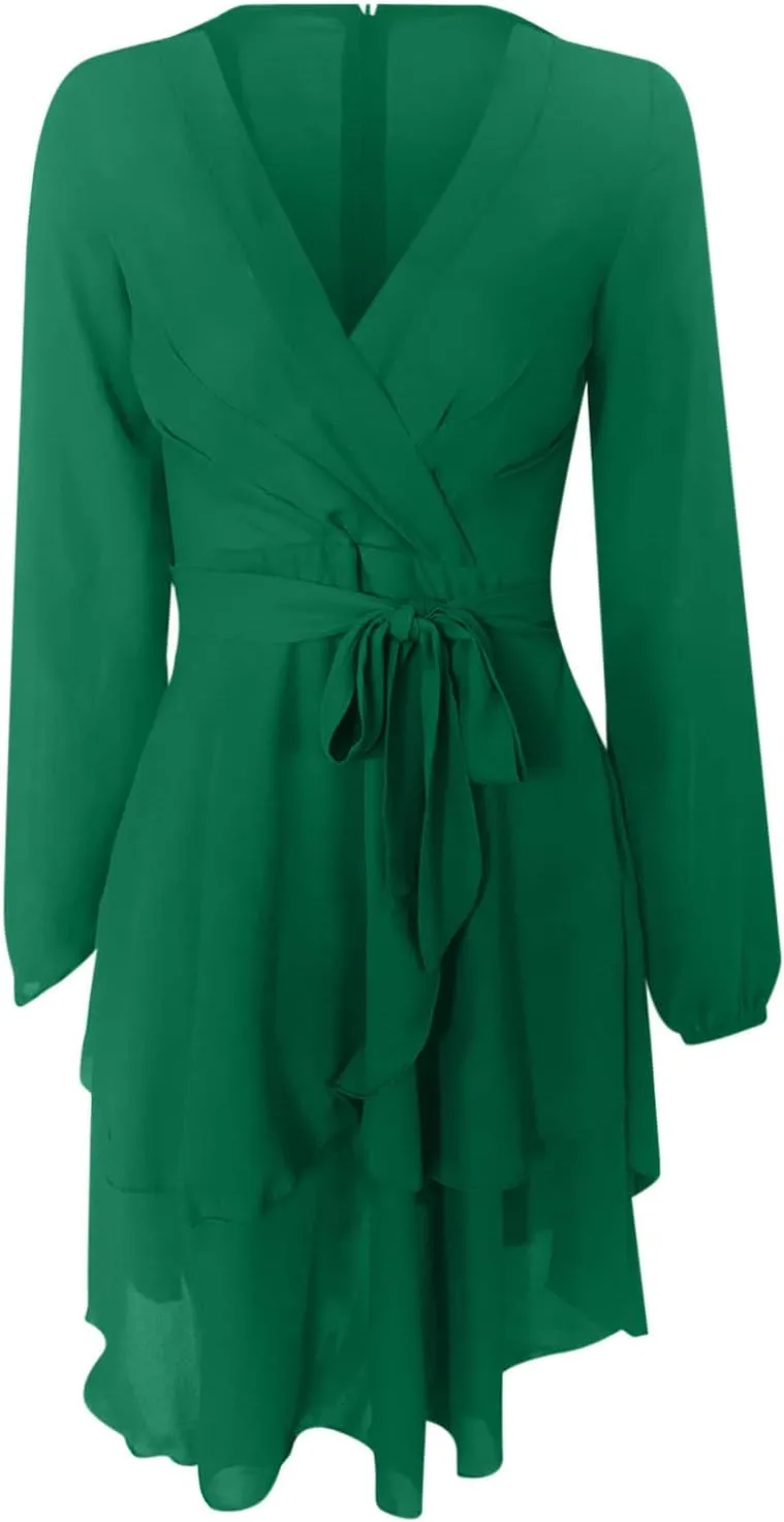 tuduoms Summer Womens Dress Irregular Hem Peplum Dresses Deep V-neck Long Sleeve Waist Tie Ruffle Mini Swing Skater Dresses