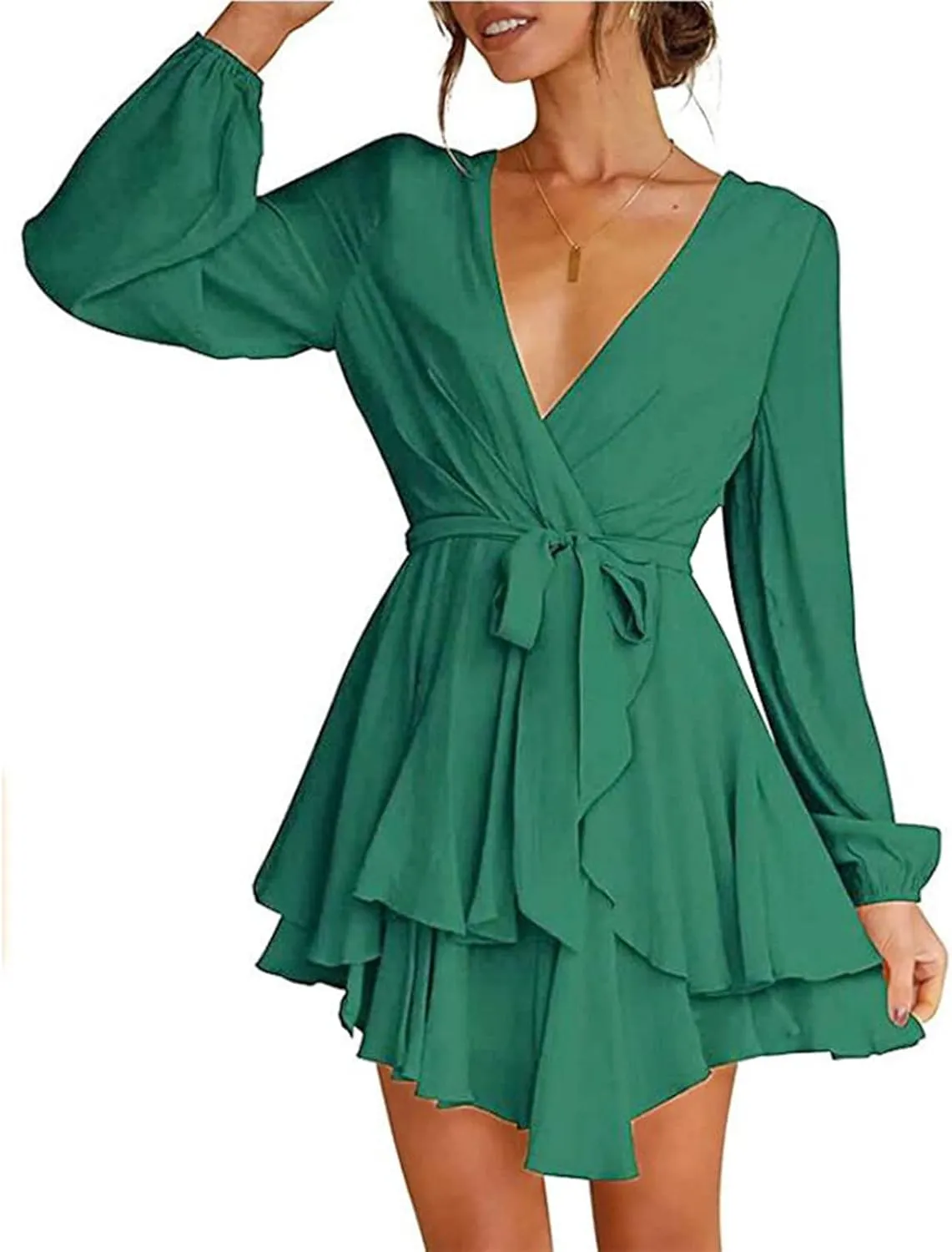 tuduoms Summer Womens Dress Irregular Hem Peplum Dresses Deep V-neck Long Sleeve Waist Tie Ruffle Mini Swing Skater Dresses