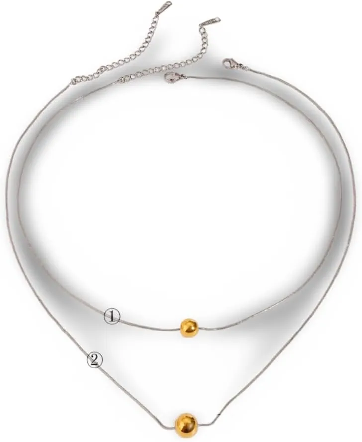 Unisex Two-Tone Layered Necklace: Silver Stainless Steel Snake Chains with Gold Bead Pendants