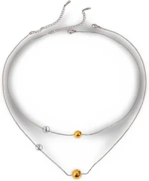 Unisex Two-Tone Layered Necklace: Silver Stainless Steel Snake Chains with Gold Bead Pendants