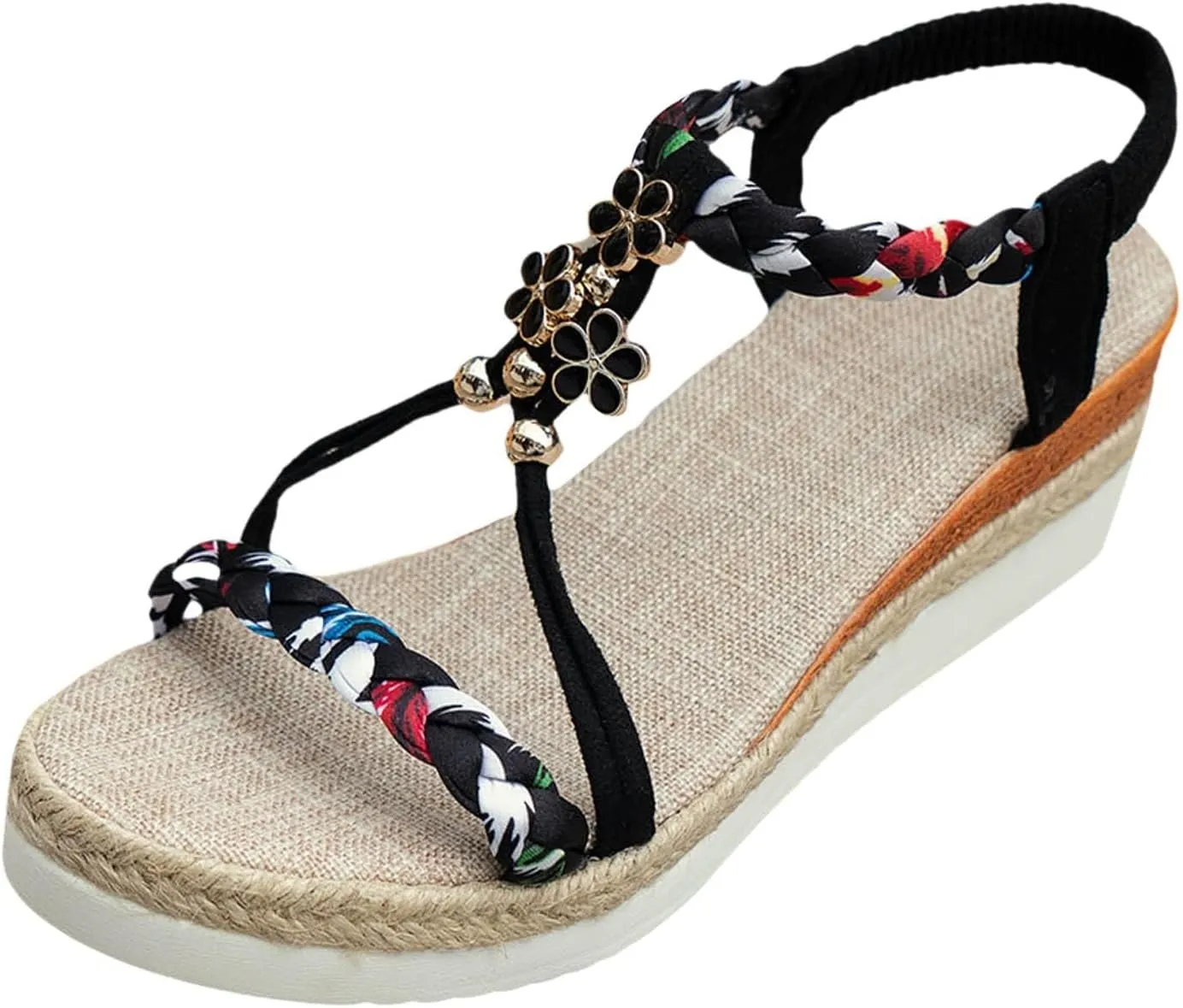 Wedge Sandals for Women 2025 Espadrilles Boho Wedge Sandals Platform Arch Support Open Toe Footwear Glitter Sparkly T-Strap Orthopedic Elastic Ankle Sandal Comfortable Summer Beach Shoes