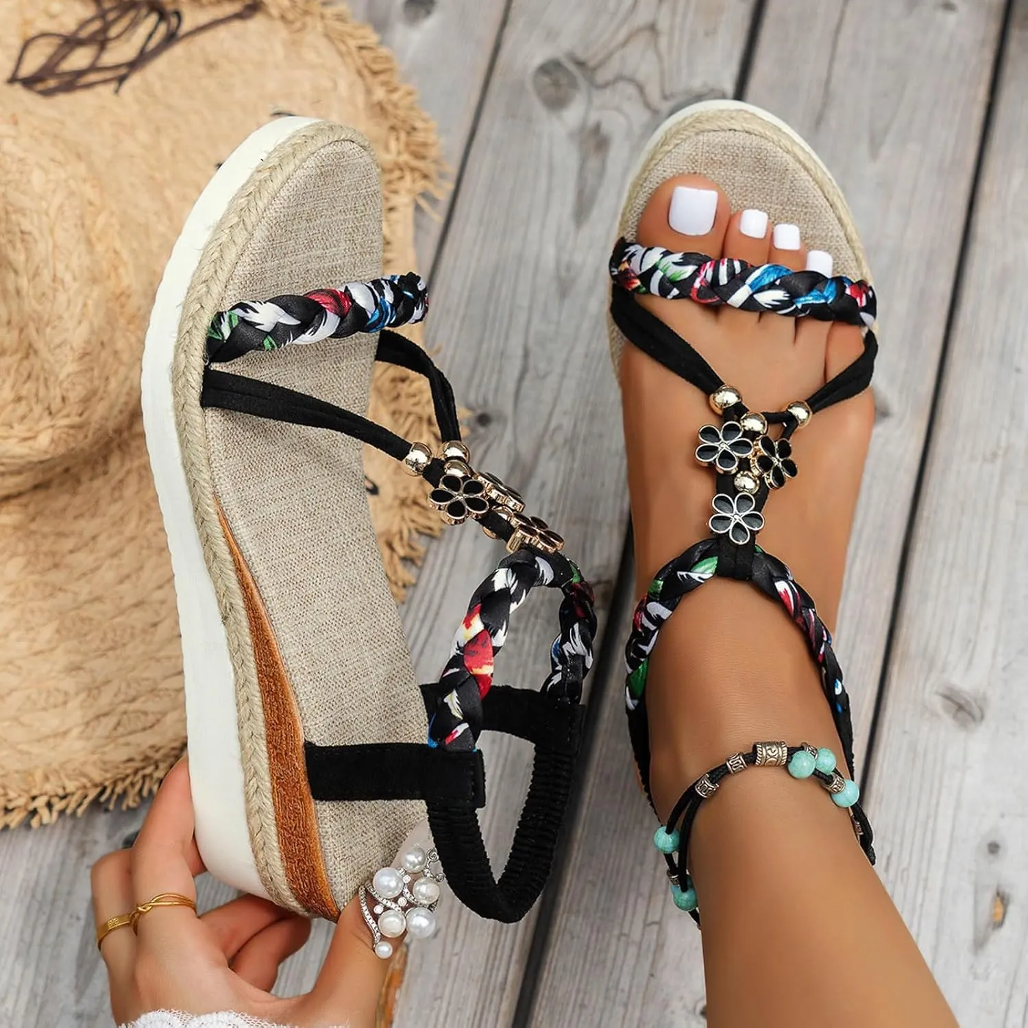 Wedge Sandals for Women 2025 Espadrilles Boho Wedge Sandals Platform Arch Support Open Toe Footwear Glitter Sparkly T-Strap Orthopedic Elastic Ankle Sandal Comfortable Summer Beach Shoes
