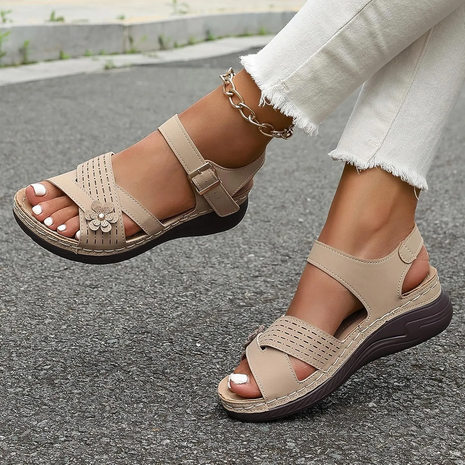 Wedge Sandals for Women Closed Toe Comfortable with Massage Function Outdoor Platform Arch Support Shoes Plantar Fasciitis Summer 2025 Black Orthopedic Espadrilles Flats Orthotic Slippers
