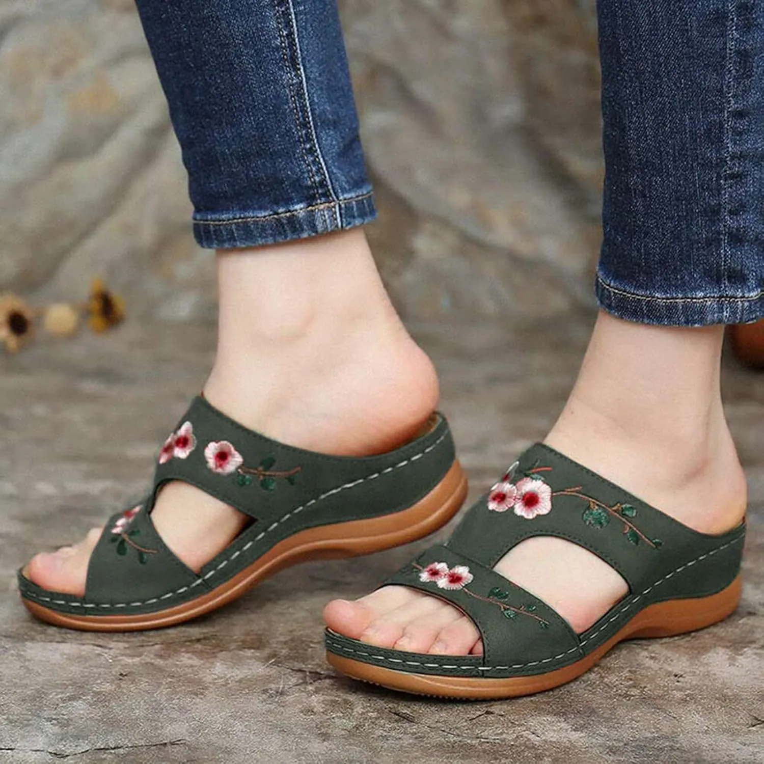 Wedge Sandals for Women Embroidered Orthopedic Sandals Womens Dressy Summer Platform Wedges, Casual Fish Mouth Open Toe Sandal Comfortable Slip on Walking Slippers