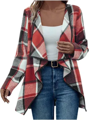 Winter Coats for Women Oversized Casual Cardigan Tops Long Sleeve Hoodless Plaid Jackets 2024 Fall Clothes