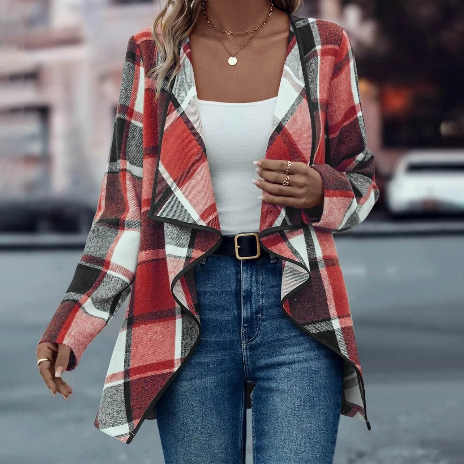 Winter Coats for Women Oversized Casual Cardigan Tops Long Sleeve Hoodless Plaid Jackets 2024 Fall Clothes