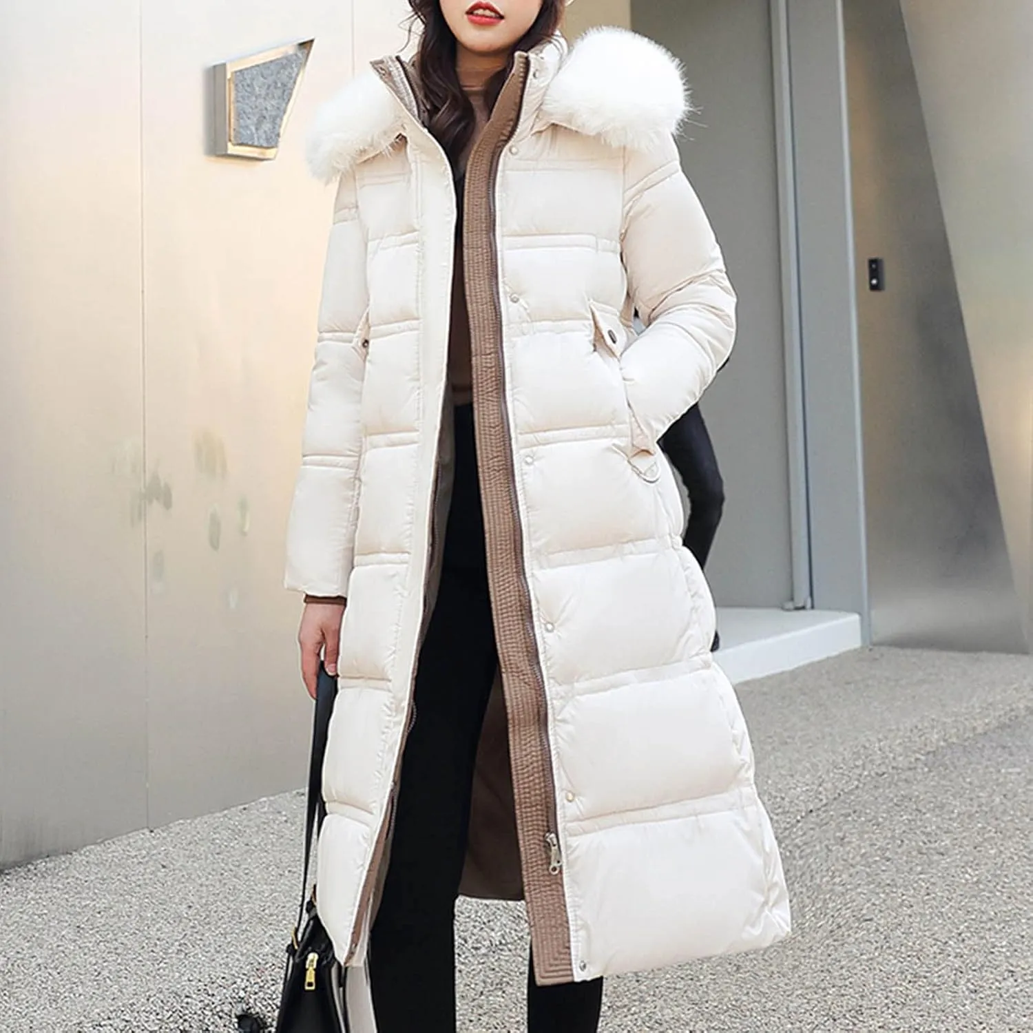 Winter Long down Jacket Coat with Belt for Women Warm Puffy Jackets with Fur Hood Quilted Thick Parka Padding Coats