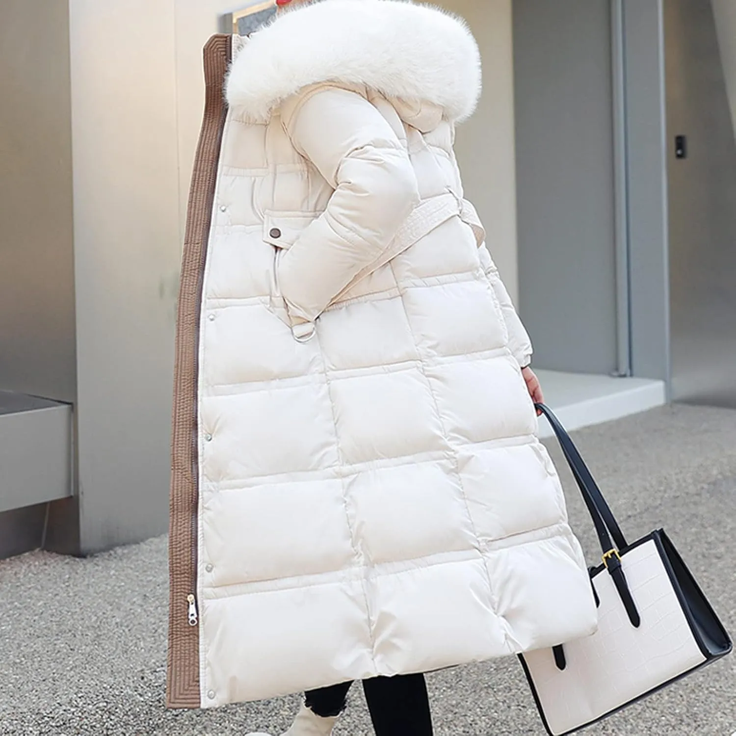 Winter Long down Jacket Coat with Belt for Women Warm Puffy Jackets with Fur Hood Quilted Thick Parka Padding Coats