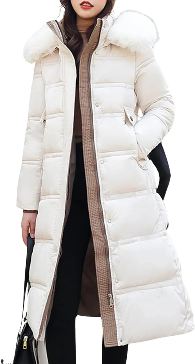 Winter Long down Jacket Coat with Belt for Women Warm Puffy Jackets with Fur Hood Quilted Thick Parka Padding Coats