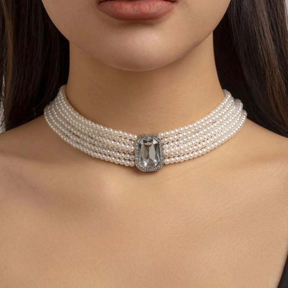 Women Boho Multilayer 1920s Rhinestone Necklaces Green Red Dainty Pearls Layered Choker Necklaces Black Fashion Chunky Pendant Adjustable Layering Chain Necklaces for Women