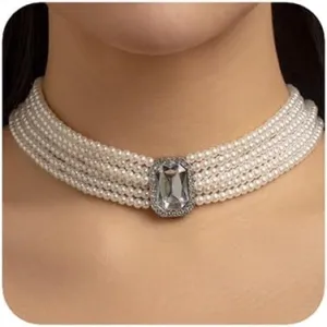 Women Boho Multilayer 1920s Rhinestone Necklaces Green Red Dainty Pearls Layered Choker Necklaces Black Fashion Chunky Pendant Adjustable Layering Chain Necklaces for Women