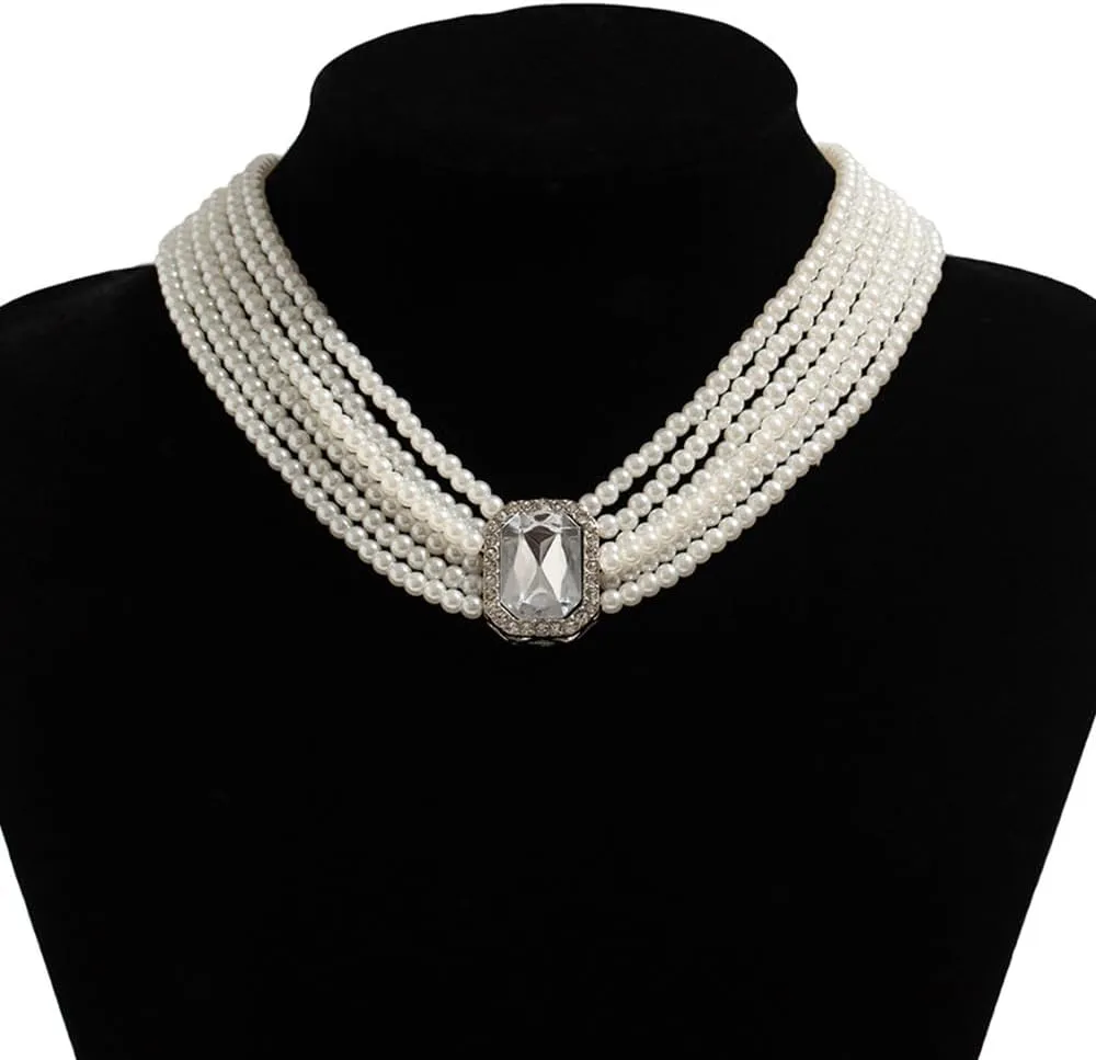 Women Boho Multilayer 1920s Rhinestone Necklaces Green Red Dainty Pearls Layered Choker Necklaces Black Fashion Chunky Pendant Adjustable Layering Chain Necklaces for Women