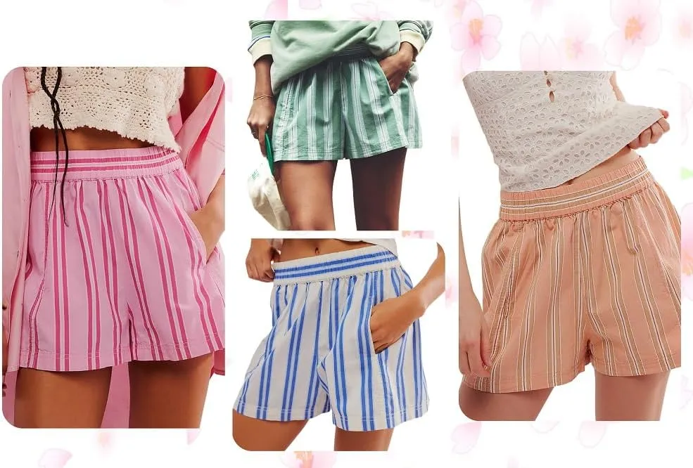 Women Boxer Shorts Stripe Plaid Print Elastic Mid Rise Lounge Shorts Comfy Pajama Shorts Y2K Gingham Shorts Streetwear
