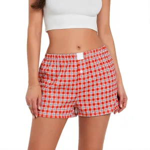 Women Boxer Shorts Stripe Plaid Print Elastic Mid Rise Lounge Shorts Comfy Pajama Shorts Y2K Gingham Shorts Streetwear