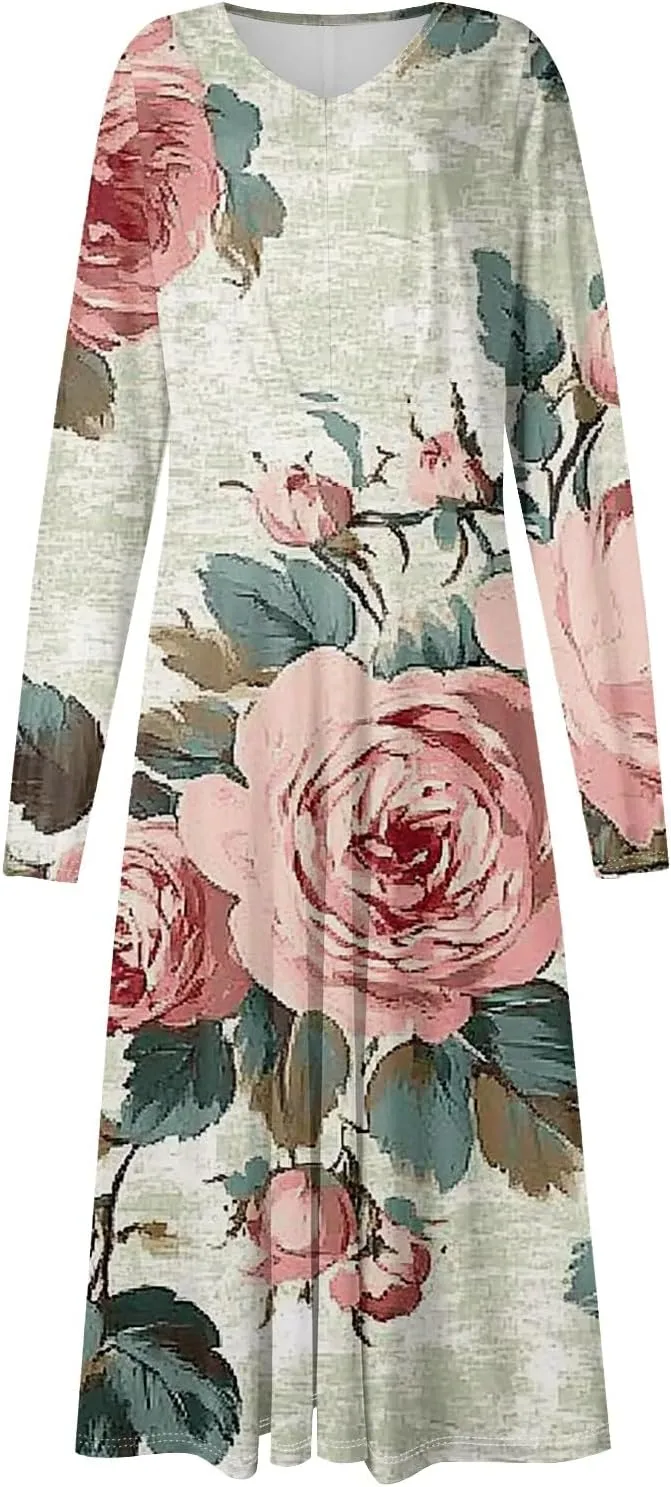 Women Long Sleeve Dresses Spring Boho Dress Puff Sleeve Floral Print Wrap Dress V Neck High Waist Summer Party Dress