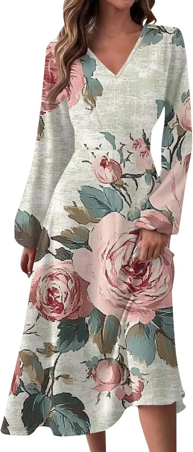 Women Long Sleeve Dresses Spring Boho Dress Puff Sleeve Floral Print Wrap Dress V Neck High Waist Summer Party Dress