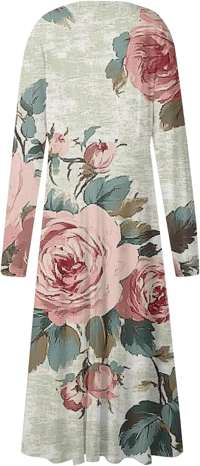 Women Long Sleeve Dresses Spring Boho Dress Puff Sleeve Floral Print Wrap Dress V Neck High Waist Summer Party Dress