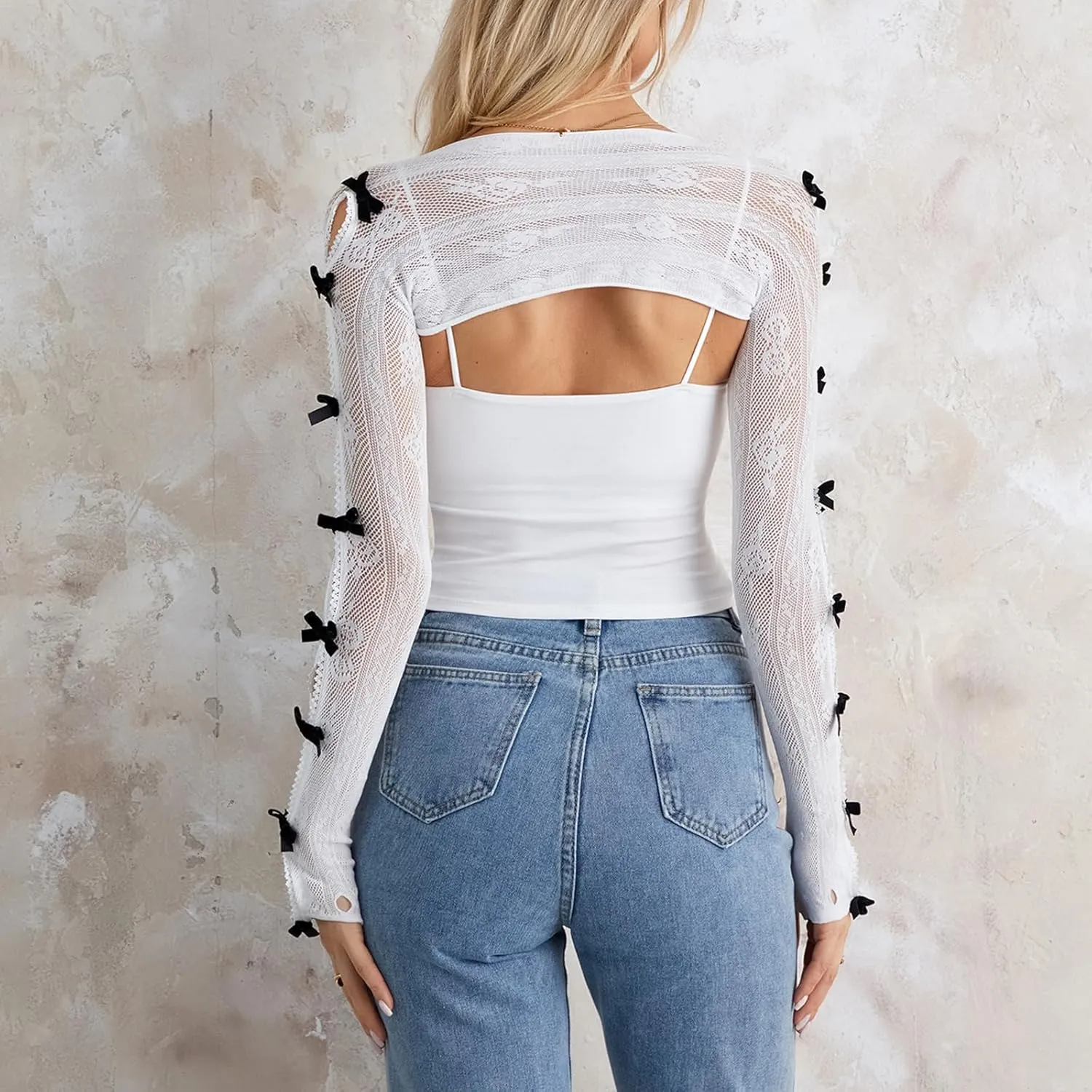 Women Long Sleeve Lace Shrug with Thumb Hole, Open Front Cut Out Bow Bolero Fishnet Shawl Arm Sleeves Cardigan