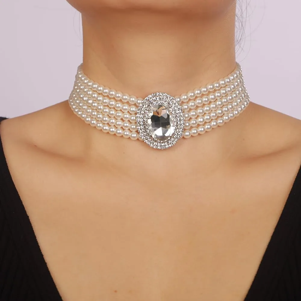 Women Multilayer 1920s Green Blue Silver Rhinestone Necklaces Dainty Pearls Layered Choker Necklaces Fashion Chunky Pearls Pendant Multilayer Adjustable Layering Necklaces for Women