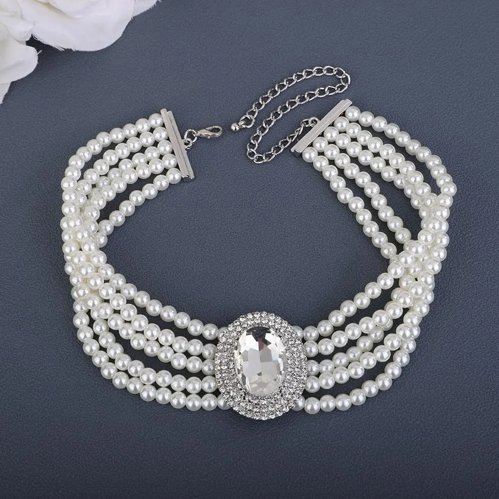 Women Multilayer 1920s Green Blue Silver Rhinestone Necklaces Dainty Pearls Layered Choker Necklaces Fashion Chunky Pearls Pendant Multilayer Adjustable Layering Necklaces for Women