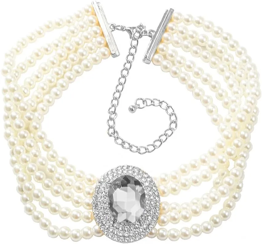 Women Multilayer 1920s Green Blue Silver Rhinestone Necklaces Dainty Pearls Layered Choker Necklaces Fashion Chunky Pearls Pendant Multilayer Adjustable Layering Necklaces for Women