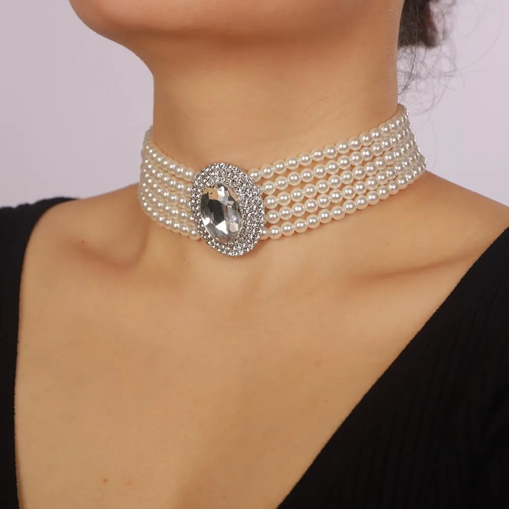 Women Multilayer 1920s Green Blue Silver Rhinestone Necklaces Dainty Pearls Layered Choker Necklaces Fashion Chunky Pearls Pendant Multilayer Adjustable Layering Necklaces for Women