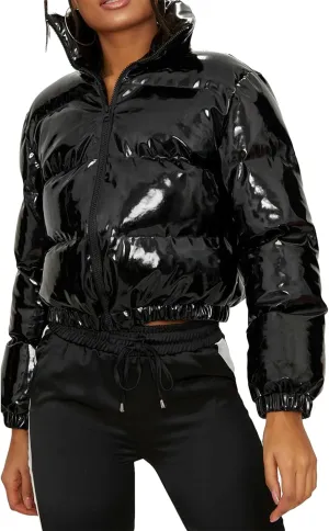 Women Quilted Puffer Jackets, Long Sleeve Stand Collar Metallic Cropped Down Jackets