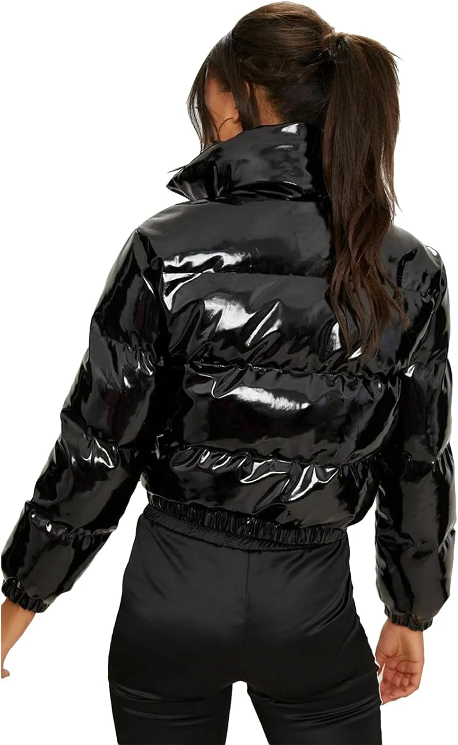 Women Quilted Puffer Jackets, Long Sleeve Stand Collar Metallic Cropped Down Jackets