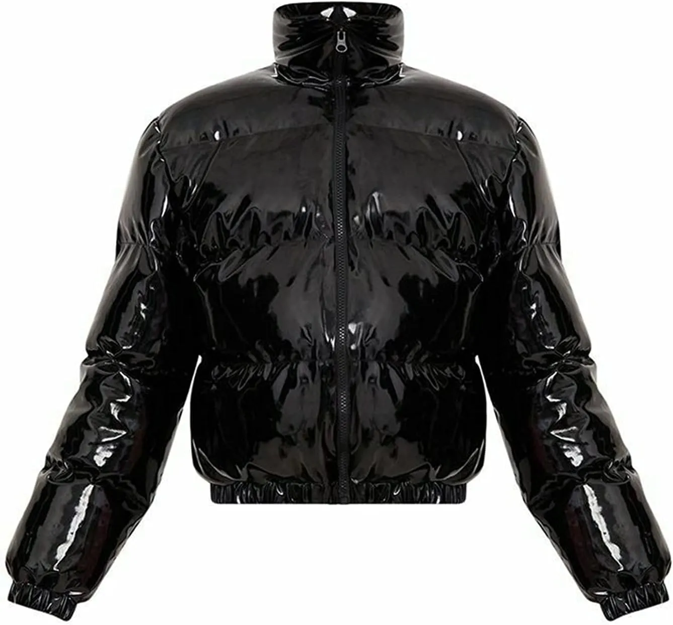 Women Quilted Puffer Jackets, Long Sleeve Stand Collar Metallic Cropped Down Jackets