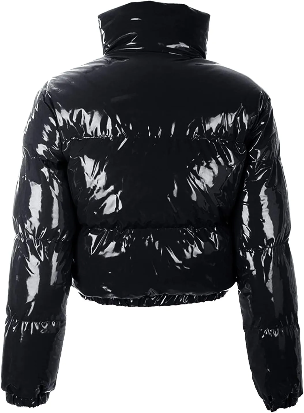 Women Quilted Puffer Jackets, Long Sleeve Stand Collar Metallic Cropped Down Jackets