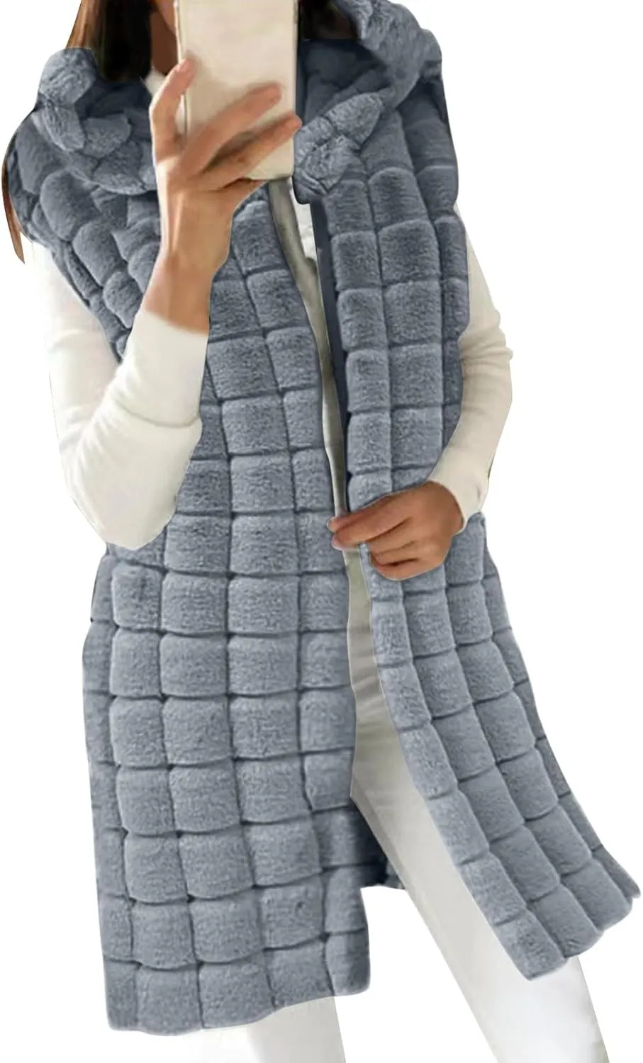 Womens 2023 Fall Reversible Puffer Vests Sleeveless Fleece Jacket Zip Up Hoodie Pockets Long Warm Winter Coat Outerwear