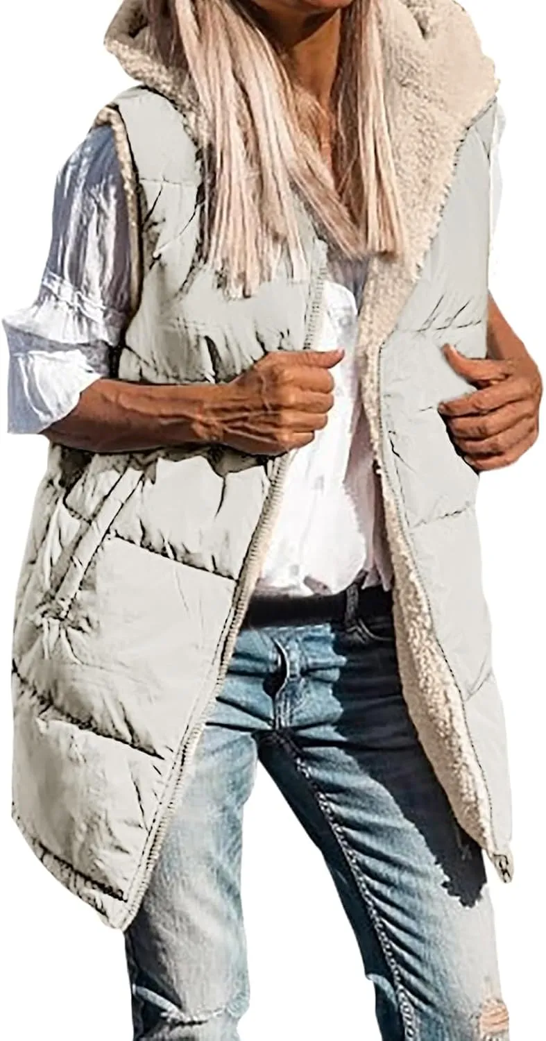 Womens 2023 Fall Reversible Puffer Vests Sleeveless Fleece Jacket Zip Up Hoodie Pockets Long Warm Winter Coat Outerwear