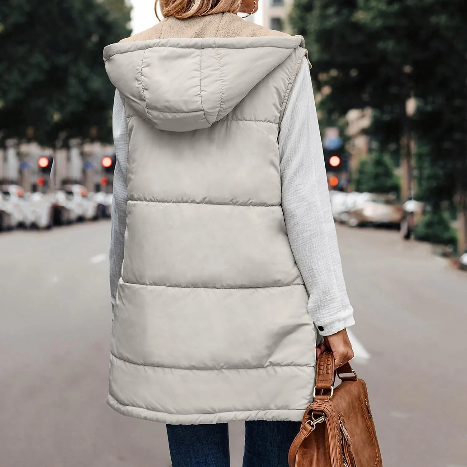 Womens 2023 Fall Reversible Puffer Vests Sleeveless Fleece Jacket Zip Up Hoodie Pockets Long Warm Winter Coat Outerwear
