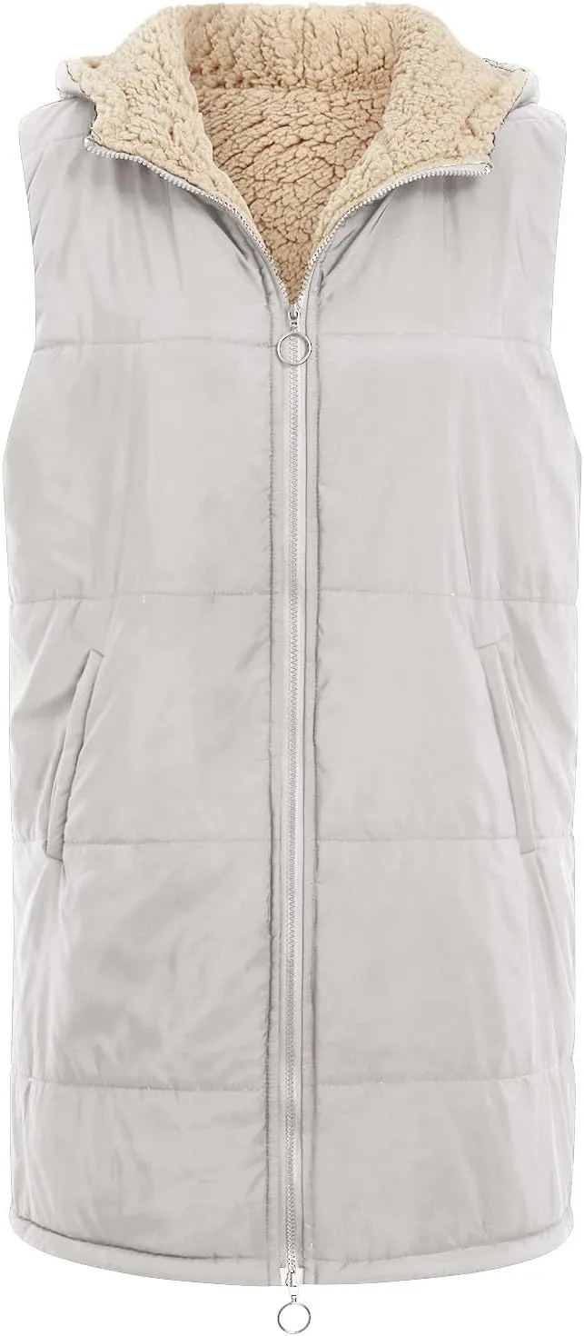 Womens 2023 Fall Reversible Puffer Vests Sleeveless Fleece Jacket Zip Up Hoodie Pockets Long Warm Winter Coat Outerwear