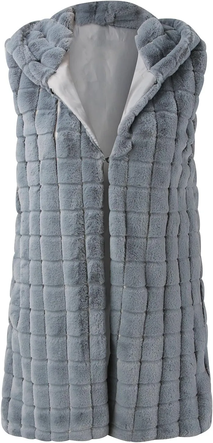 Womens 2023 Fall Reversible Puffer Vests Sleeveless Fleece Jacket Zip Up Hoodie Pockets Long Warm Winter Coat Outerwear