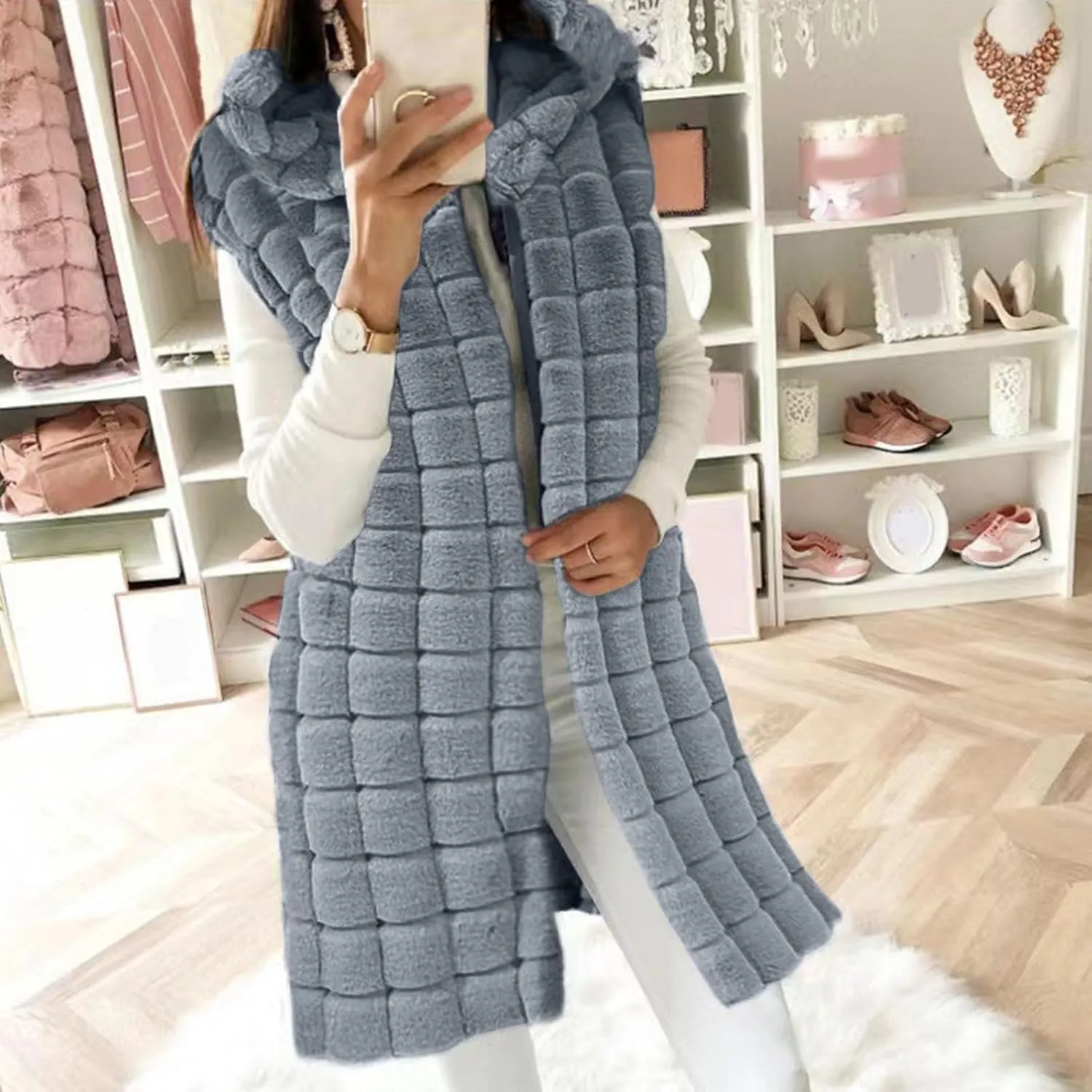Womens 2023 Fall Reversible Puffer Vests Sleeveless Fleece Jacket Zip Up Hoodie Pockets Long Warm Winter Coat Outerwear