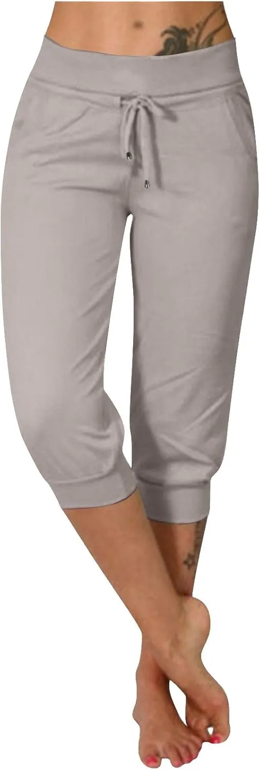Women's 2025 Drawstring Track Pants Yoga High Elastic Cropped Sweatpant Solid Trouser with Pocket Casual Cuff Jogger